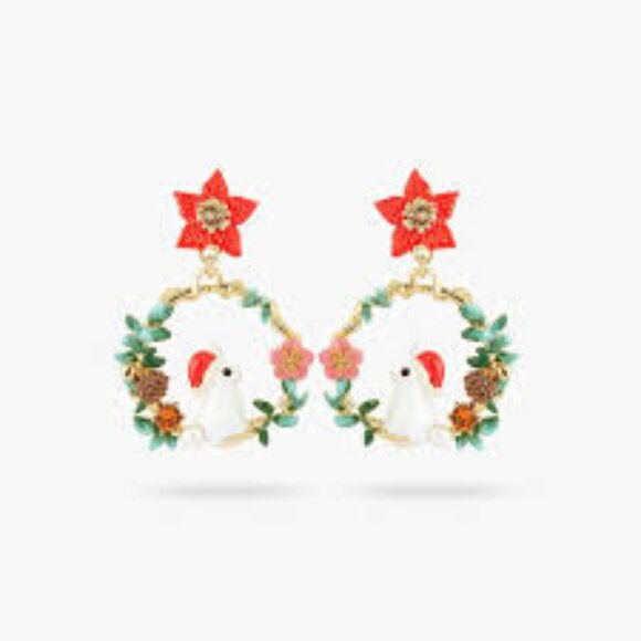 Les Nereides Rabbit and poinsettia hoop stud earrings